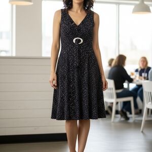 Frank Lyman Design Fit and Flare Dress in a Black and White Polka Dot Pattern